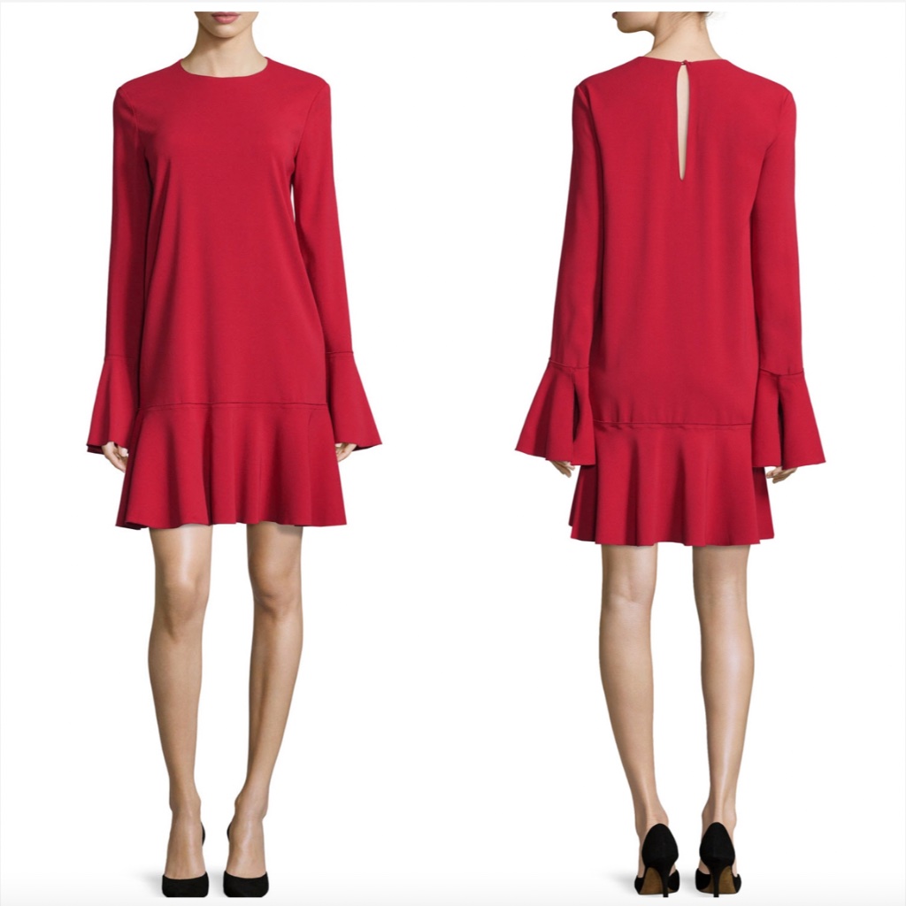 Theory Marah Bergen Dress Drop Waist Split Cuffs Flounce Hem Long Sleeves Party
